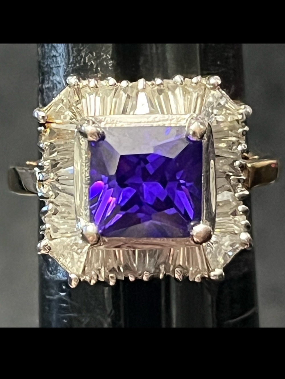 Tanzanite purple CZ princess cut baguette cocktail statement silver gold ring